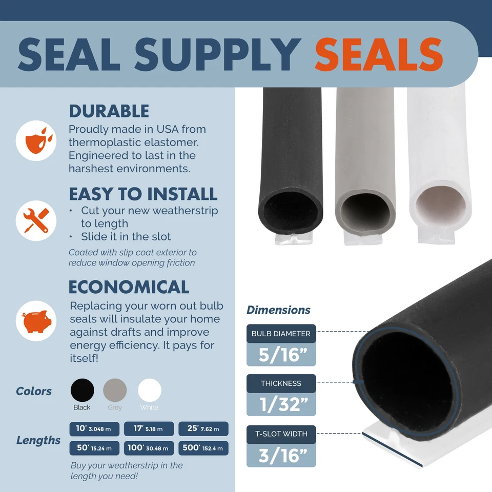 OEM Window Door T-Slot Weatherstrip Seal 5/16" Bulb for 3/16" Slot White Black - Image 4 of 4