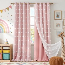 Pink Pom Pom Curtains for Girls Bedroom Nursery - Double Layer Sheer Tulle Ov...