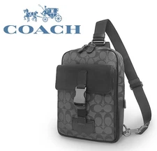COACH body bag shoulder bag sling bag signature leather genuine black gray with