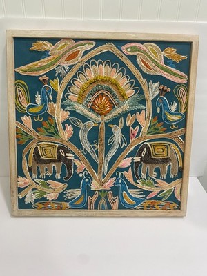 SOLD OUT Blue Elephant Peacock Embroidered Textile Framed Wall Art World Market