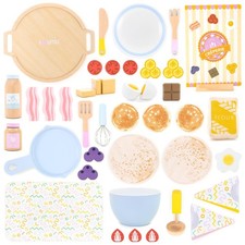 Wooden Pancake Play Set 44 Pcs Pretend Cooking Toy with Pan, Spatula, Syrup,
