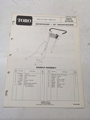 #ad TORO PARTS CATALOG LIST BOOK MANUAL SNOW HOUND 20” 31304 1973 BLOWER 3310 525 $14.24