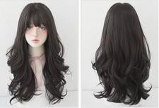 Dark Brown Long Wavy Wig with Bangs Soft Natural Look Daily/Party Cosplay
