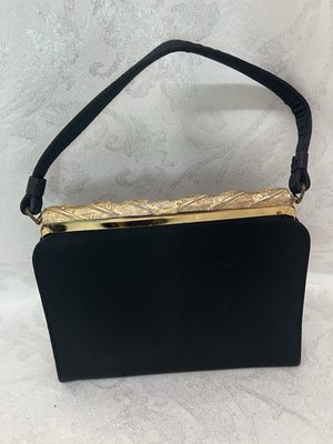 After Five Vintage 50s Black Satin Evening Clutch Rhinestone Trim Coin Purse