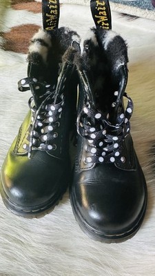 Dr. Martens 1460 Serena Black Faux Fur Youth Size 3 Leather Boots UK 2 Polka Dot