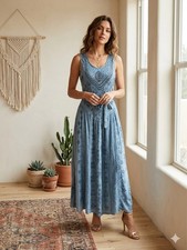 FABULOUS India Rayon Acid Wash Embroidered Maxi Dress Blue Boho Free Size (M)