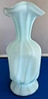 Vintage Fenton Satin Blue Opalescent Glass Pinch Vase w/ striped Design 7"
