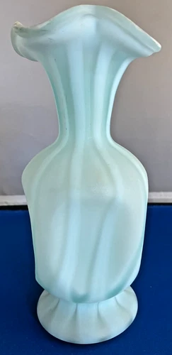 Vintage Fenton Satin Blue Opalescent Glass Pinch Vase w/ striped Design 7"