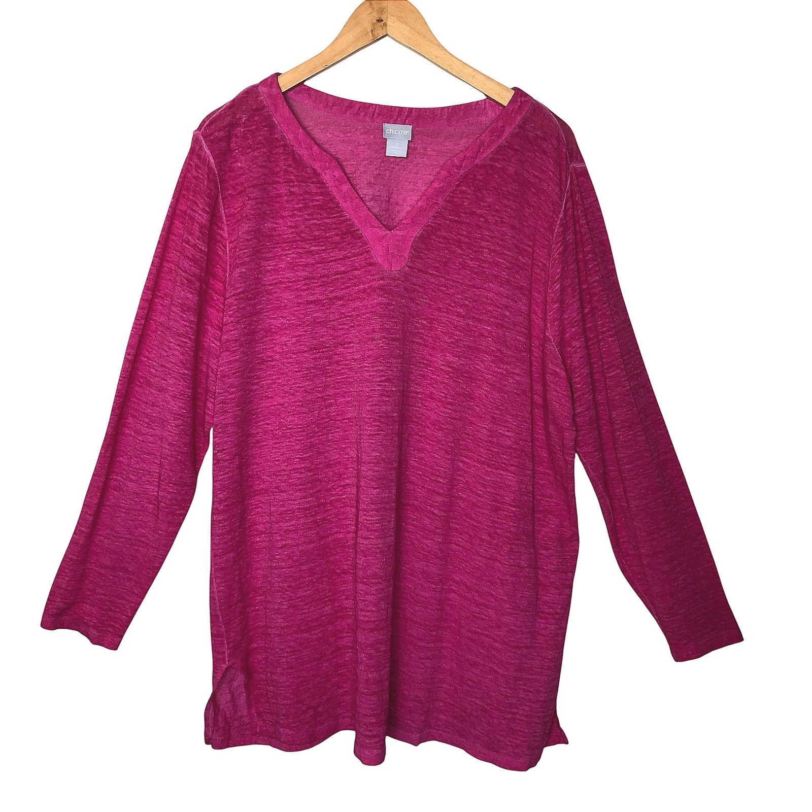 Chicos Pink 100% Linen V-Neck Long Sleeve Tunic Top Slub Knit Tee 3 XL Beach