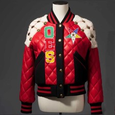 Order of the Eastern Star OES Quilted Bomber Jacket Red with Embroidered Star