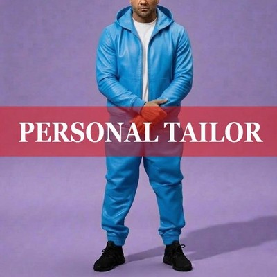Men's 100% Genuine Real Lambskin Leather Hoodie TrackSuit Sweatsuit [Sky Blue]