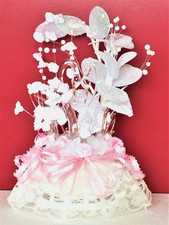 Wedding Cake Topper NEW Clear Crystal Swan Figures Elegant Lace Pearls Flowers