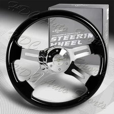 W-Power 406mm Black Wood Grip 5-Hole Chrome 4-Spoke 16-Inch Steering Wheel +Horn