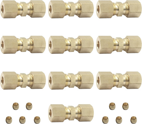 Brass Compression Tube Fitting, 1/4" OD x 1/4" OD, 10 Pack