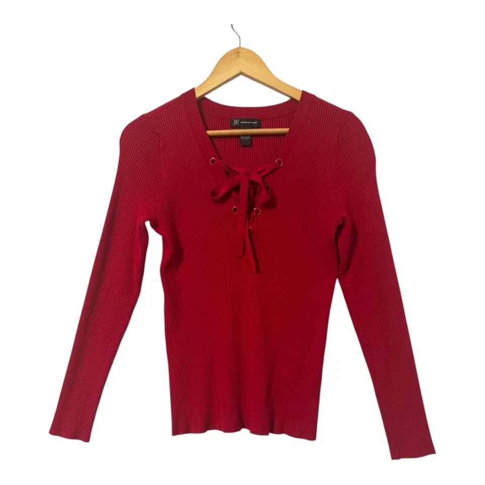 INC International Concepts 红色十字领带 V 领红色毛衣 L 码弹力 — 第 3/4 张图片
