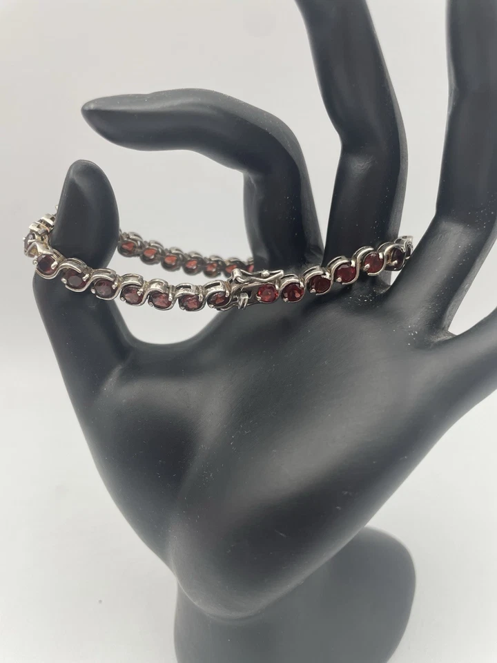 "Pulsera de tenis granate de plata de ley 925 7,5"" piedras preciosas rojas" Foto 2 de 4