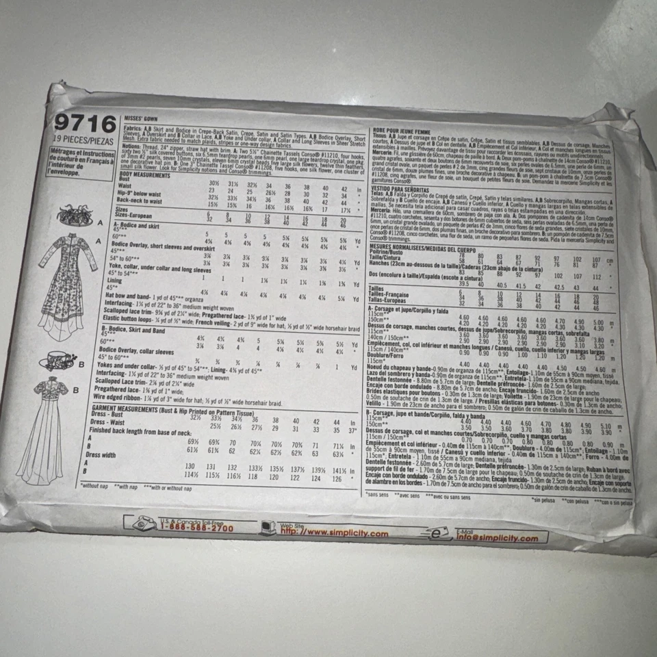 SIMPLICITY 9716 sz 6-12 c.2001 Edwardian Titanic Costume sewing pattern UNUSED - Image 2 of 3