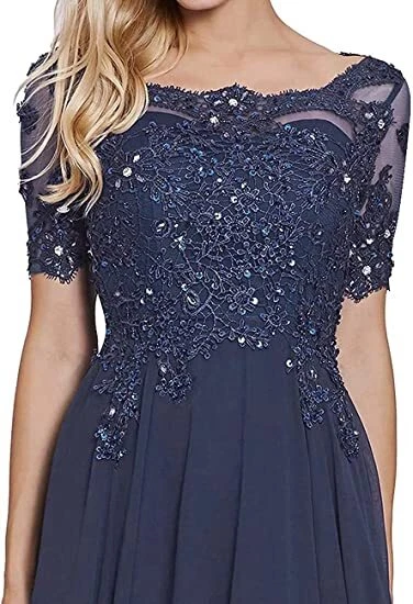 Navy Lace Appliques Mother of The Bride Dresses Short Sleeves Long