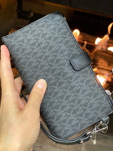 Michael Kors Jet Set Travel Double Zip Wristlet Wallet MK Logo Signature Black - Picture 8 of 10