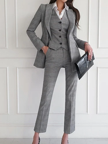 Women's suit 3-piece retro long sleeved jacket vest straight leg pants set suit - Picture 26 of 27