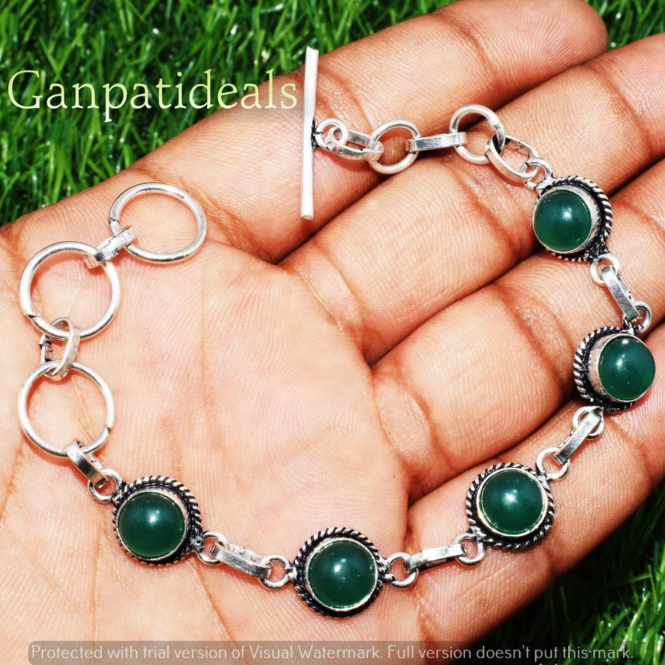 绿玛瑙宝石时尚手链 925 纯银镀层珠宝首饰 — 第 2/3 张图片