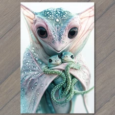 Art Print  Fantasy Creature Holding Baby Lizards with Tentacles Blue Pink Cute