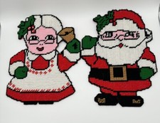 Santa  Mrs. Claus Christmas Decoration Needlepoint On Plastic Vtg 13  Pair