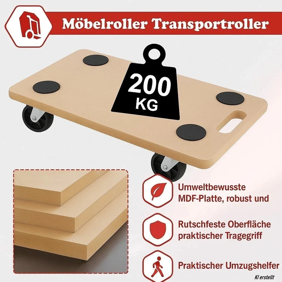 6x Möbelroller Rollbretter Transportroller MDF Tragkraft 200 kg Umzugshelfer - Bild 4 von 4