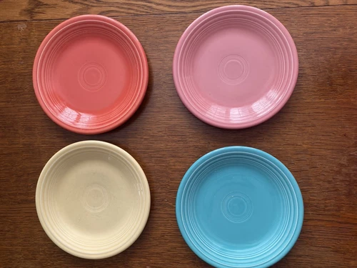 4 Fiesta Ware Homer Laughlin Small Salad Plates Yellow Blue Orange Pink - Nice!