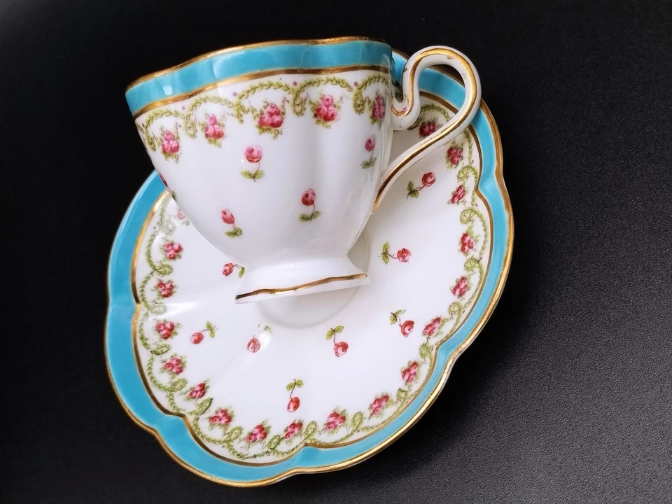 Antique George Jones & Sons Demitasse CUP & SAUCER Blue Band Pink Roses 16605 - Image 3 of 4
