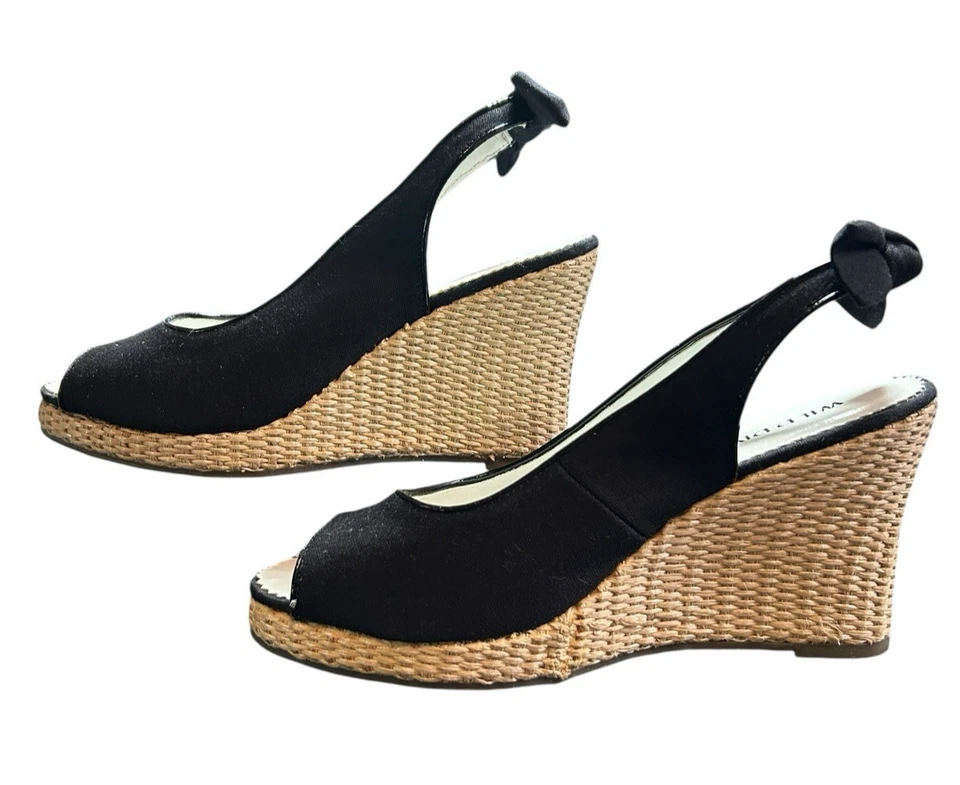 Alpargatas de cuña Wild Diva sin cordones punta abierta para mujer talla 5,5 negras lazos en la espalda Foto 2 de 4