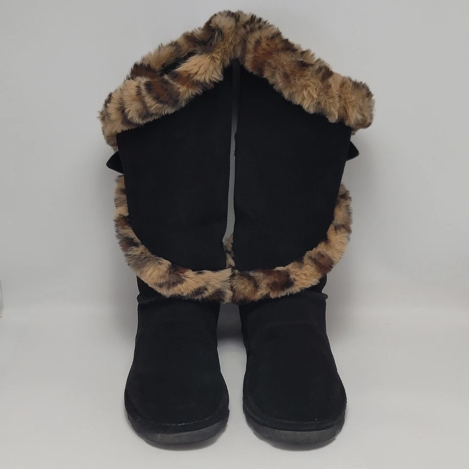 BEARPAW Sheilah Suede Plush Faux Fur Leopard Print Trimmed Tall Winter Boots 9 - Image 3 of 4