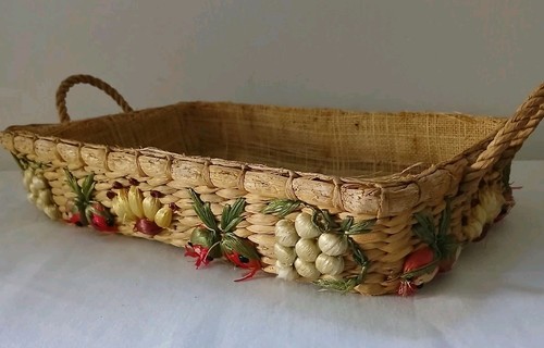 Vtg Wicker Basket Tray Raffia Fruit Floral Folk Art Boho Cottagecore Farmhouse - Picture 5 of 16