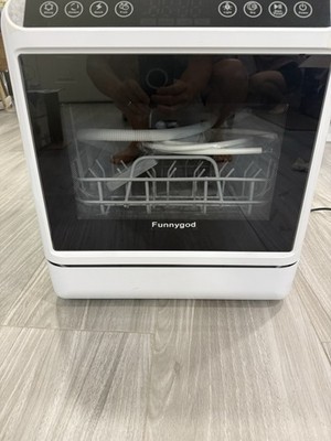 Funnygod Compact Table Top Dishwasher 4 Place Built-In Tank Freestanding White