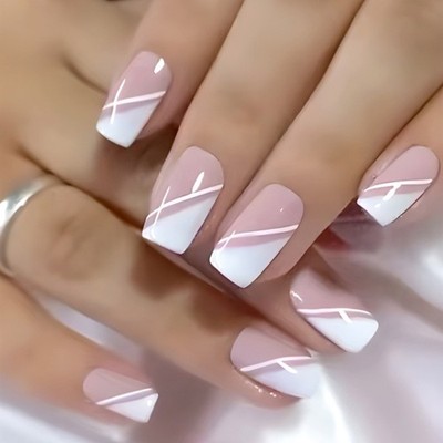 24 Pcs Press On Nail Pink White False Nail Glossy Artificial Nail for Woman