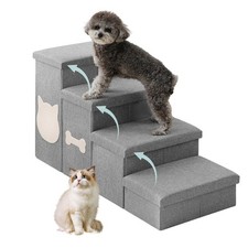 Dog Steps for High Bed, Foldable Dog Stairs with Storage, Grey  Non-Slip Pet...