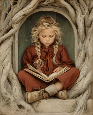 8x10 Little Girl Sitting in Tree Stump Reading a Book Art Print - 609733147