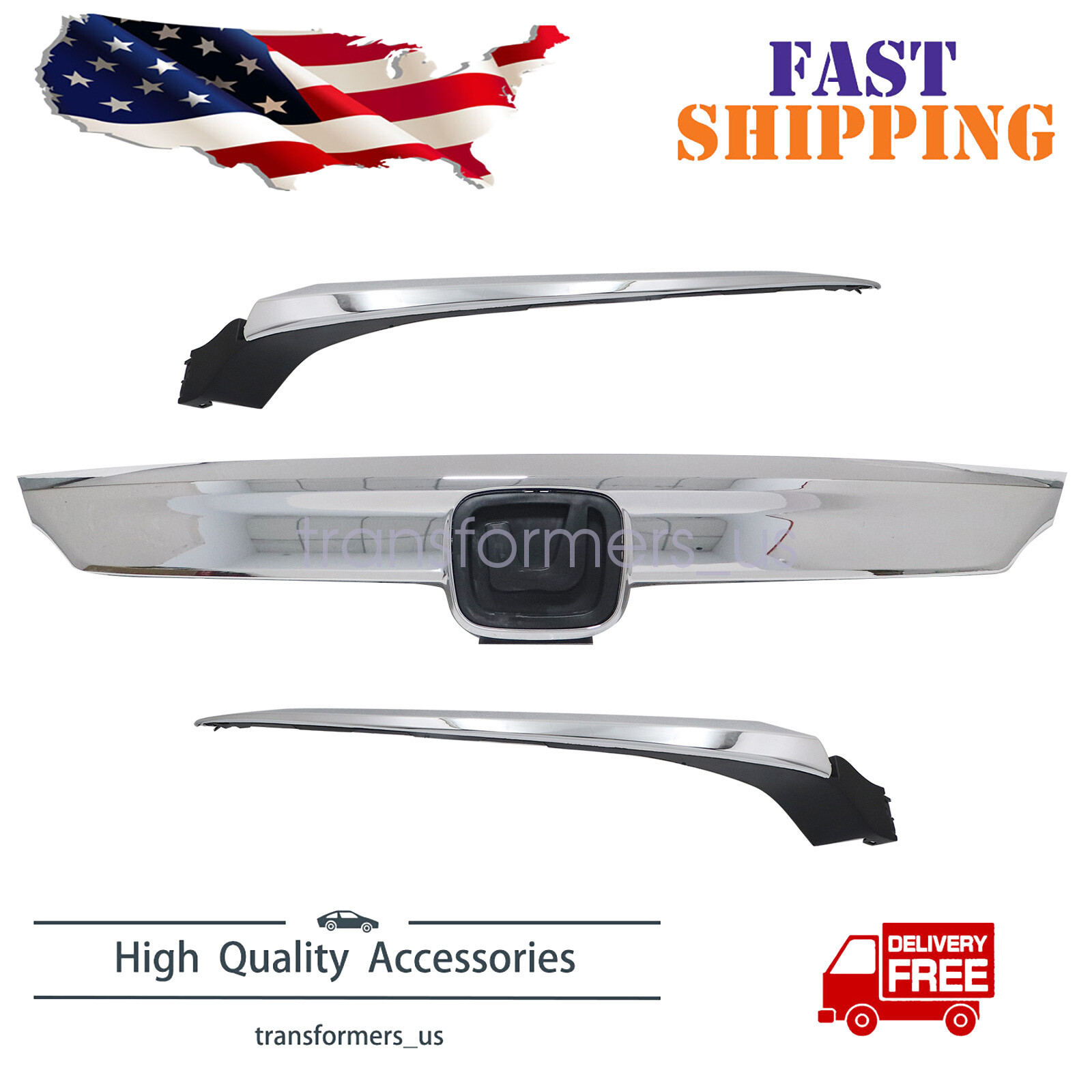 For 2018-2020 Honda Accord Sedan Front Upper Grille Grill Chrome W/Molding 3pc