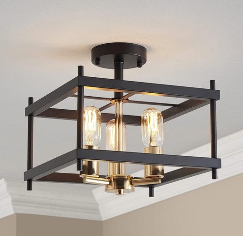 AGV Farmhouse Semi Flush Mount Ceiling Light Fixture, Steel, Matte Black/Gold - Picture 3 of 4
