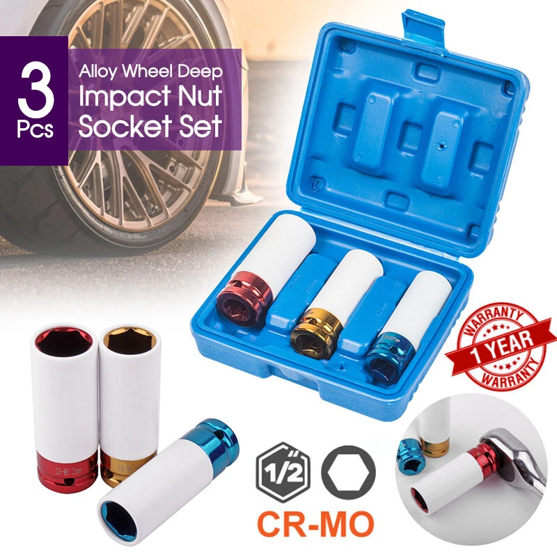 3pc Alloy Wheel Deep Impact Nut Socket Set 17 19 21mm 1 2 with