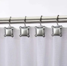 Set Of 12 Silver Square Metal Shower Curtain Hooks Antique Look-Easy To Install