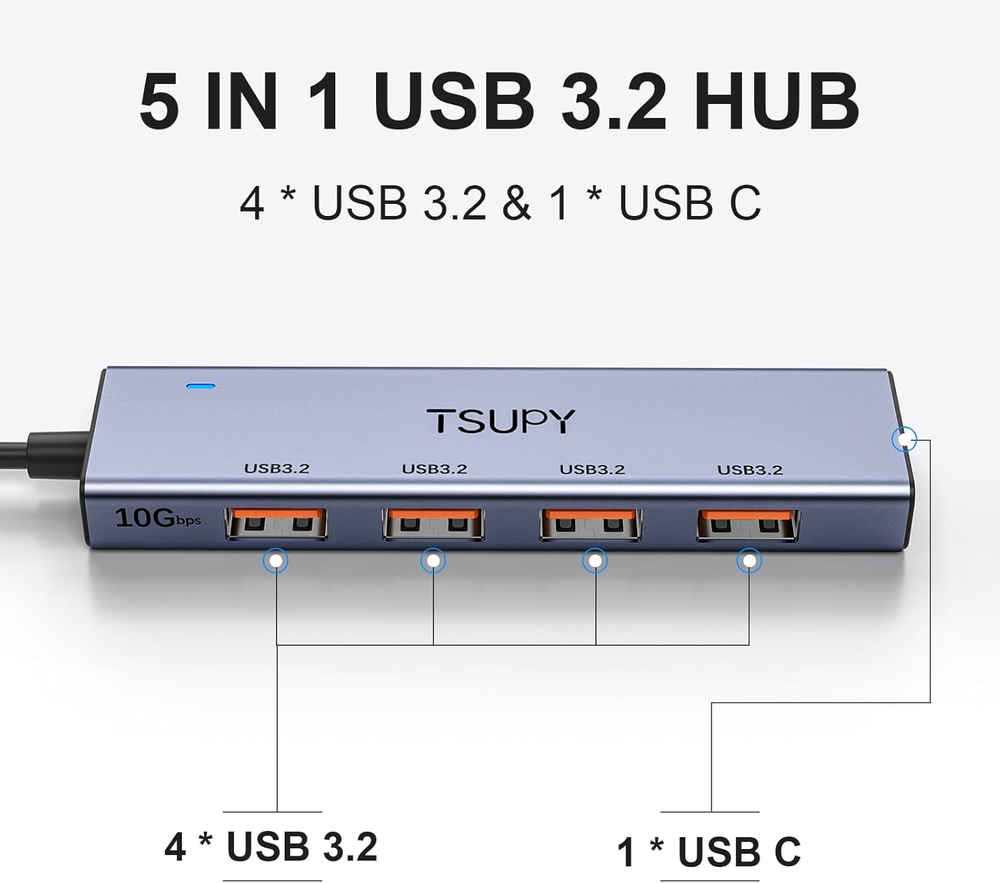 High-Speed 10Gbps USB 3.2 Hub with 4-Port Splitter and 4Ft Cable