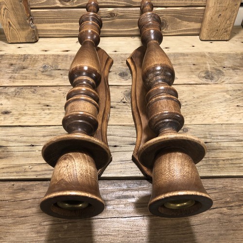 Vintage Pair Turned Wooden Wall Candle Sconces 16” Brass Insert - Picture 5 of 6
