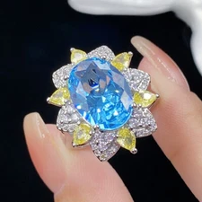 New Flower Shape Ocean Blue Topaz Yellow Citrin Gemstone Silver Charm Women Ring