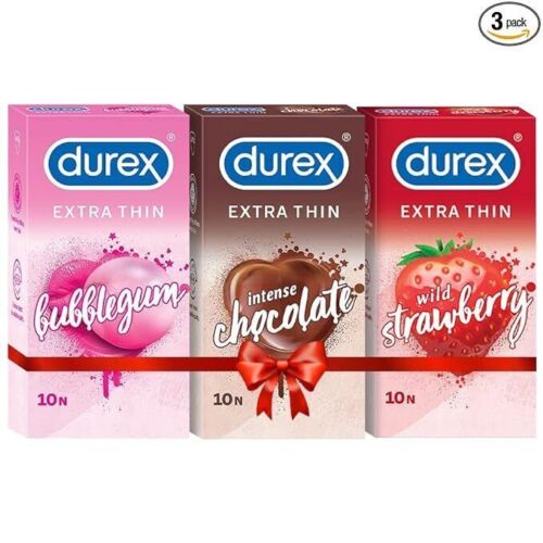 Durex Extra Thin Condoms, 10s, Pack of 3 (Bubblegum + Chocolate + Strawberry) - Picture 1 of 6