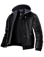 Wantdo Men's Faux Leather Jacket with Removable Hood Bomber Jacket with 2 Styles