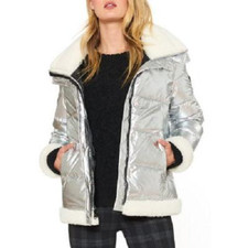 New Sactuary Silver Shearling Women Down Coat Jacket Size L $220