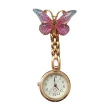 Butterfly Decor Quartz Watch Brooch Nurse Doctor Students Cute Lapel Clip Purple