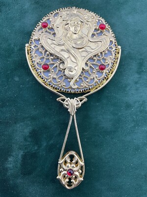 At Nouveau Mucha style hand mirror czech red glass jewels