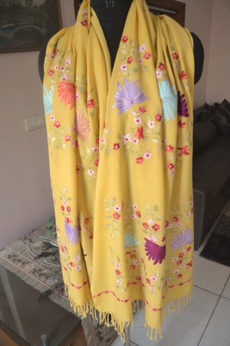 GOLDEN YELLOW KASHMIR EMBROIDERY CREWEL LARGE shawl 100% CASHMERE PASHMINA - Picture 6 of 8